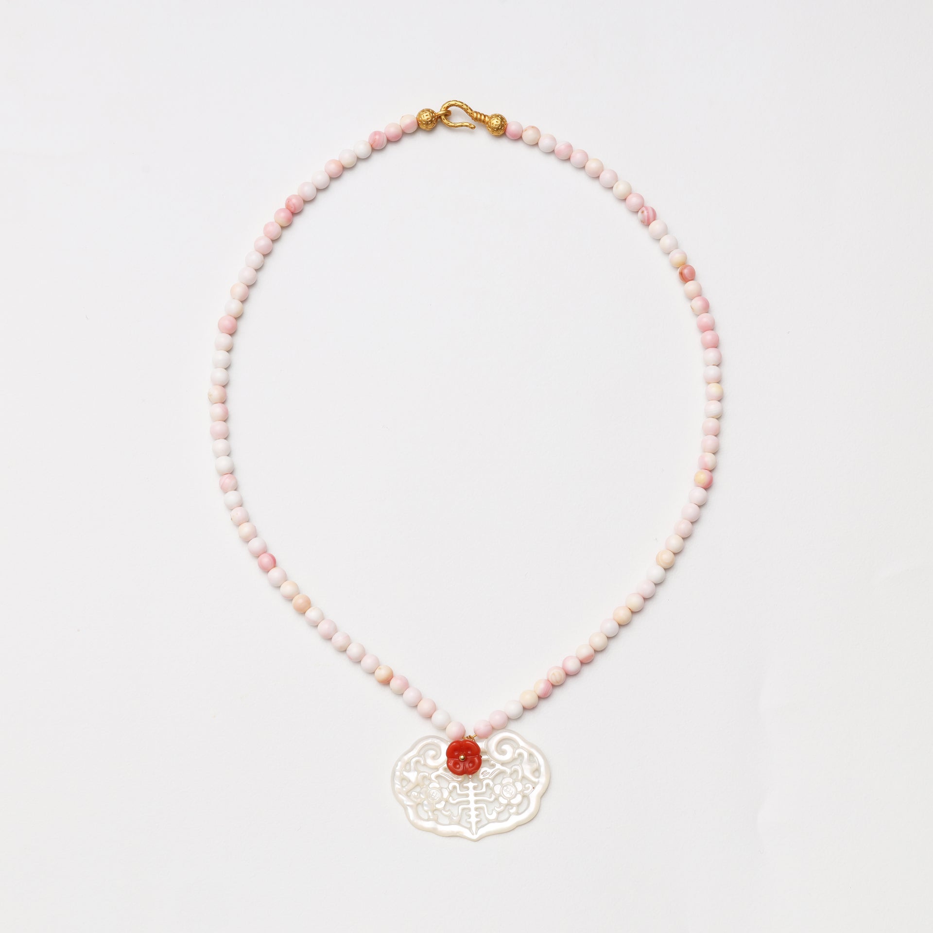 Pink Mother-of-Pearl, Red Agate & White Shell Ruyi Lock Necklace