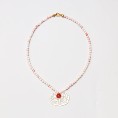 Pink Mother-of-Pearl, Red Agate & White Shell Ruyi Lock Necklace