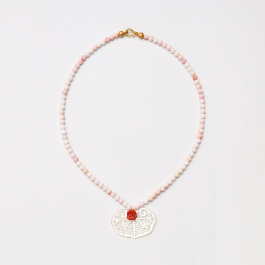 Pink Mother-of-Pearl, Red Agate & White Shell Ruyi Lock Necklace