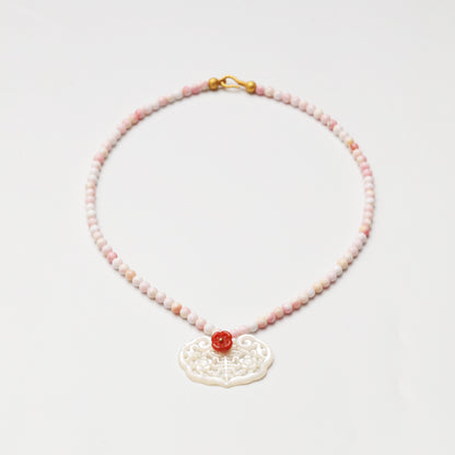 Pink Mother-of-Pearl, Red Agate & White Shell Ruyi Lock Necklace
