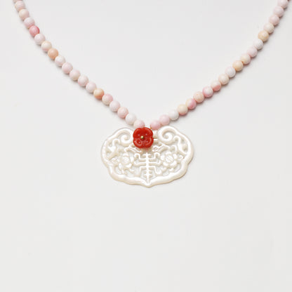 Pink Mother-of-Pearl, Red Agate & White Shell Ruyi Lock Necklace