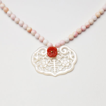 Pink Mother-of-Pearl, Red Agate & White Shell Ruyi Lock Necklace