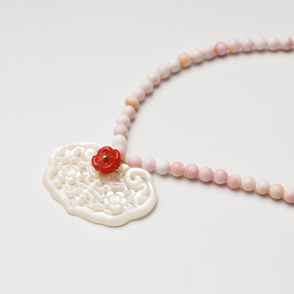 Pink Mother-of-Pearl, Red Agate & White Shell Ruyi Lock Necklace