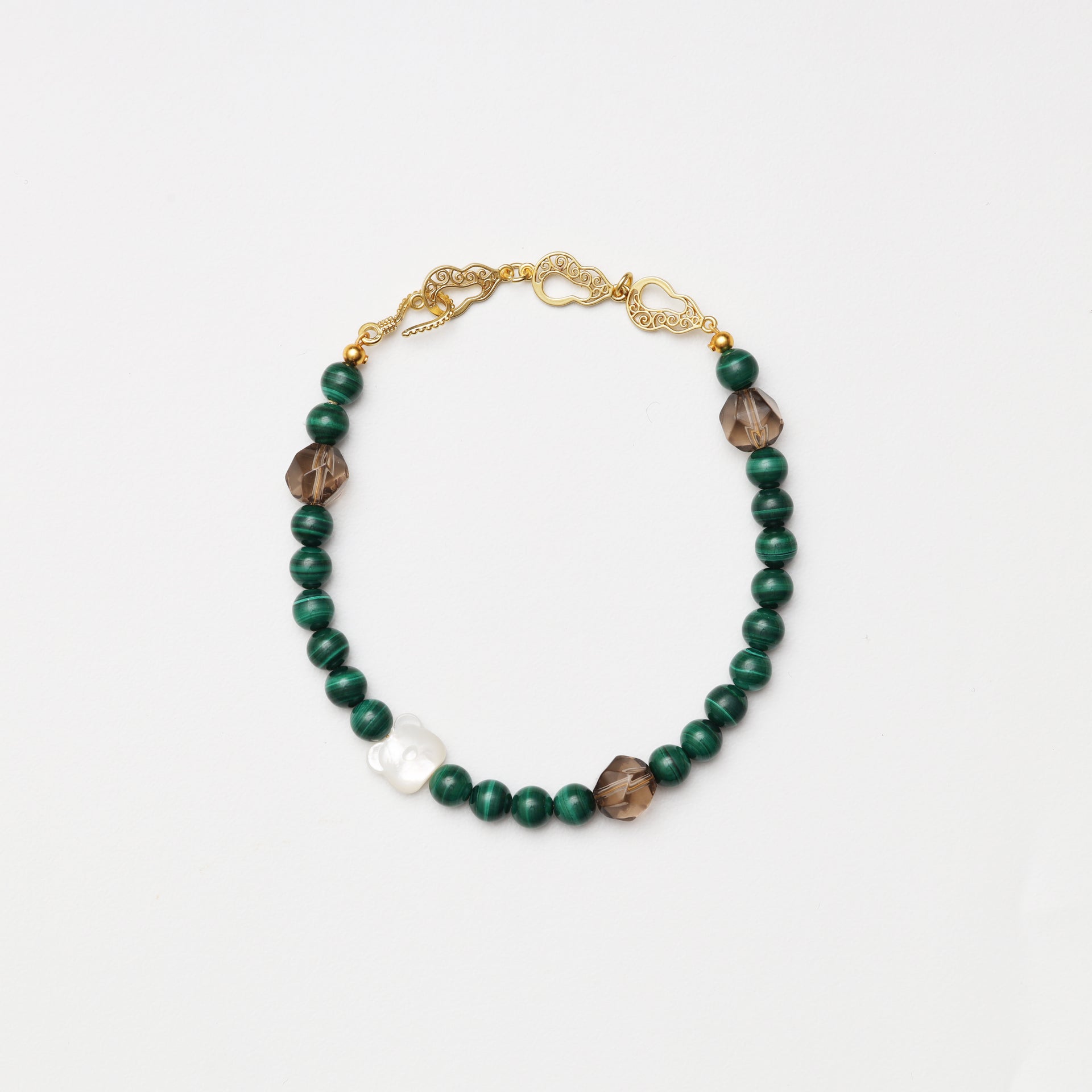 Malachite Round Bead, Smoky Quartz Diamond & Bear Decor Bracelet