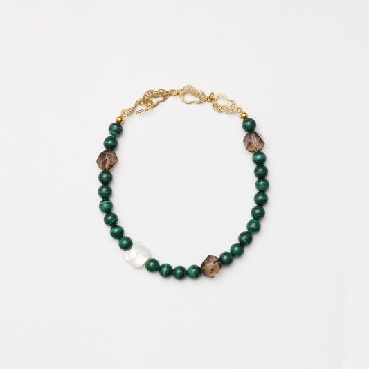 Malachite Round Bead, Smoky Quartz Diamond & Bear Decor Bracelet