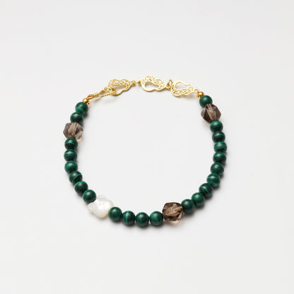 Malachite Round Bead, Smoky Quartz Diamond & Bear Decor Bracelet