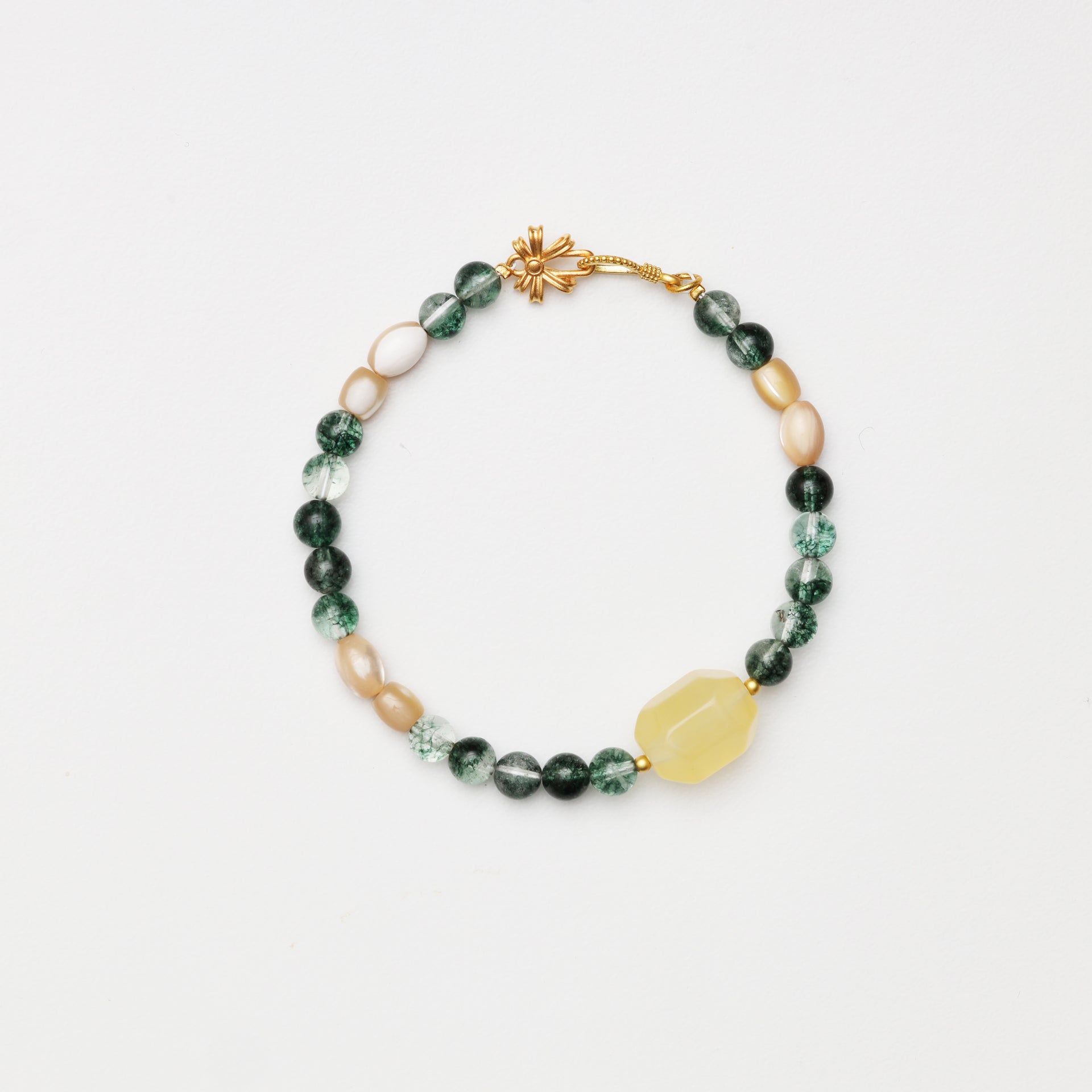 Green Phantom Quartz, Citrine & Mother-of-Pearl Barrel Bead Bracelet