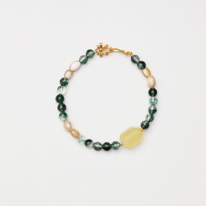 Green Phantom Quartz, Citrine & Mother-of-Pearl Barrel Bead Bracelet