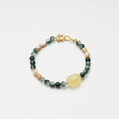 Green Phantom Quartz, Citrine & Mother-of-Pearl Barrel Bead Bracelet