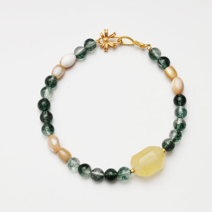 Green Phantom Quartz, Citrine & Mother-of-Pearl Barrel Bead Bracelet