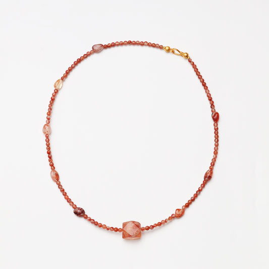 Tiny Red Agate Round Bead & Red Flower Agate Freeform Necklace