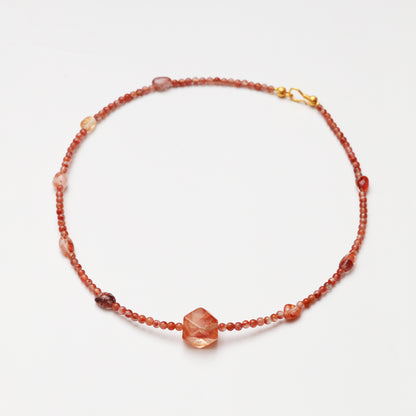 Tiny Red Agate Round Bead & Red Flower Agate Freeform Necklace