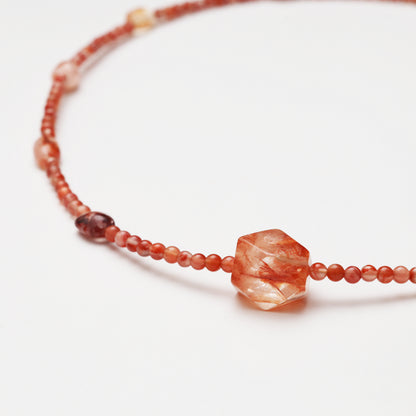 Tiny Red Agate Round Bead & Red Flower Agate Freeform Necklace