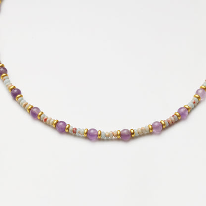 Amethyst Round Bead & Blue Snake Skin Stone Abacus Bead Necklace