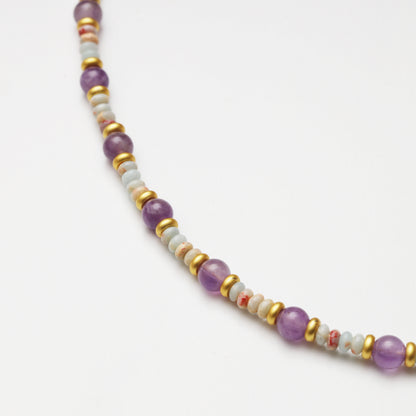 Amethyst Round Bead & Blue Snake Skin Stone Abacus Bead Necklace