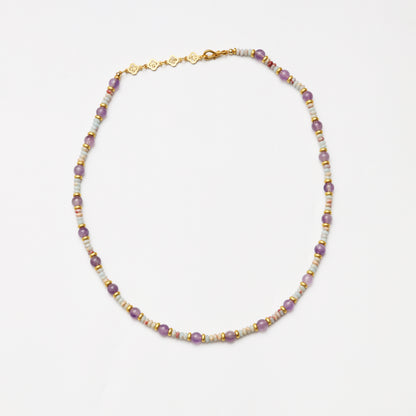 Amethyst Round Bead & Blue Snake Skin Stone Abacus Bead Necklace