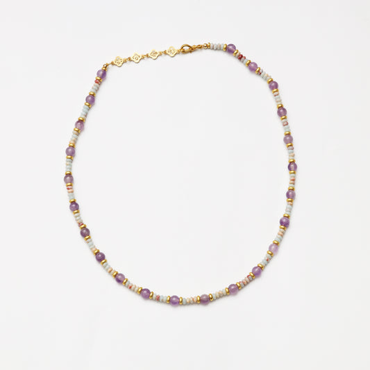 Amethyst Round Bead & Blue Snake Skin Stone Abacus Bead Necklace