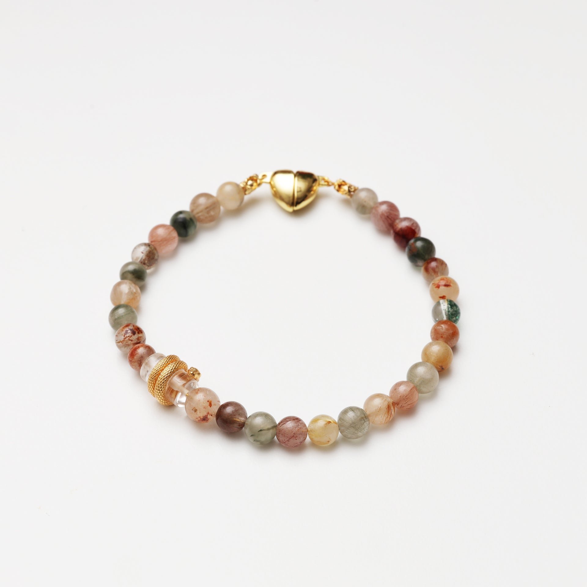 Multicolored Rutilated Quartz Round Bead & Clear Quartz Barrel Bead Decor Bracelet