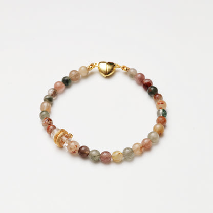 Multicolored Rutilated Quartz Round Bead & Clear Quartz Barrel Bead Decor Bracelet