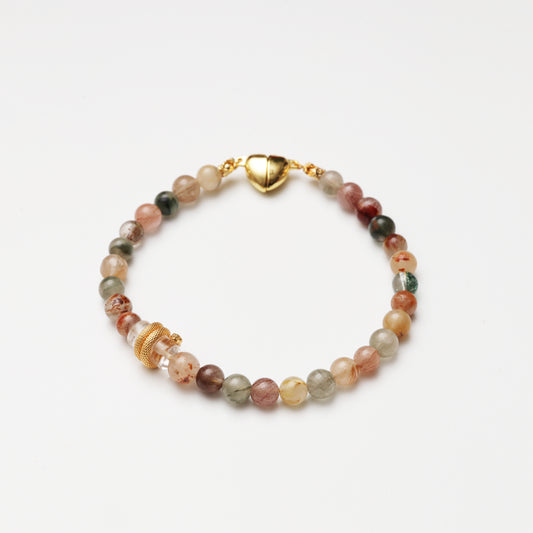 Multicolored Rutilated Quartz Round Bead & Clear Quartz Barrel Bead Decor Bracelet