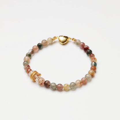 Multicolored Rutilated Quartz Round Bead & Clear Quartz Barrel Bead Decor Bracelet