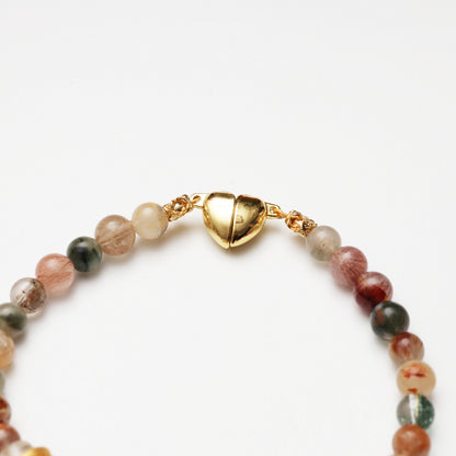 Multicolored Rutilated Quartz Round Bead & Clear Quartz Barrel Bead Decor Bracelet