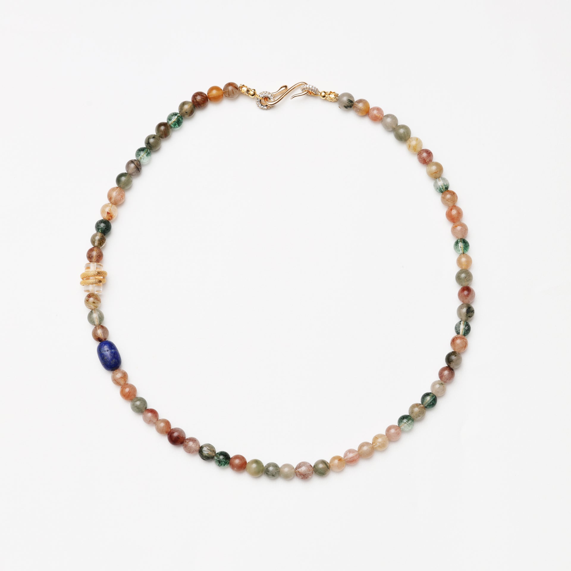 Multicolored Rutilated Quartz Round Bead, Clear Quartz Barrel Bead & Lapis Lazuli Necklace