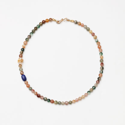 Multicolored Rutilated Quartz Round Bead, Clear Quartz Barrel Bead & Lapis Lazuli Necklace