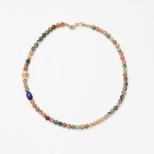 Multicolored Rutilated Quartz Round Bead, Clear Quartz Barrel Bead & Lapis Lazuli Necklace