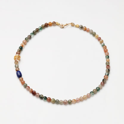 Multicolored Rutilated Quartz Round Bead, Clear Quartz Barrel Bead & Lapis Lazuli Necklace