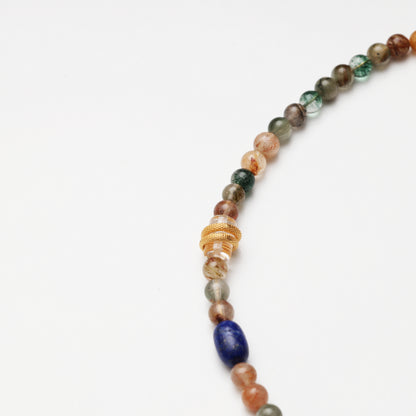 Multicolored Rutilated Quartz Round Bead, Clear Quartz Barrel Bead & Lapis Lazuli Necklace