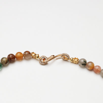 Multicolored Rutilated Quartz Round Bead, Clear Quartz Barrel Bead & Lapis Lazuli Necklace