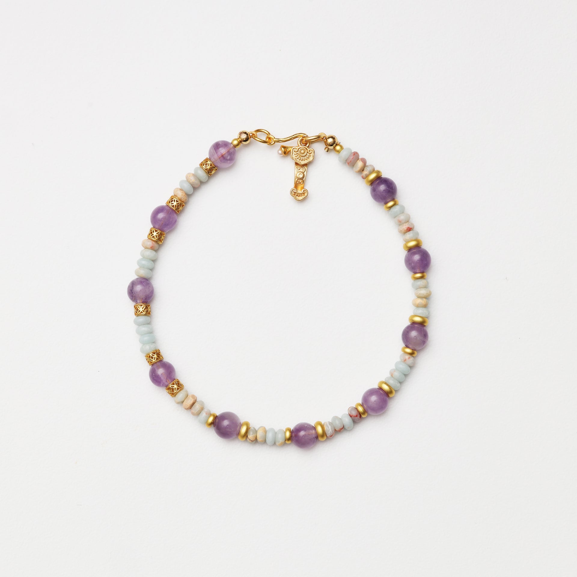 Amethyst Round Bead & Blue Snake Skin Stone Abacus Bead Bracelet