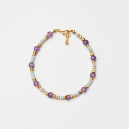 Amethyst Round Bead & Blue Snake Skin Stone Abacus Bead Bracelet