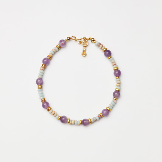Amethyst Round Bead & Blue Snake Skin Stone Abacus Bead Bracelet