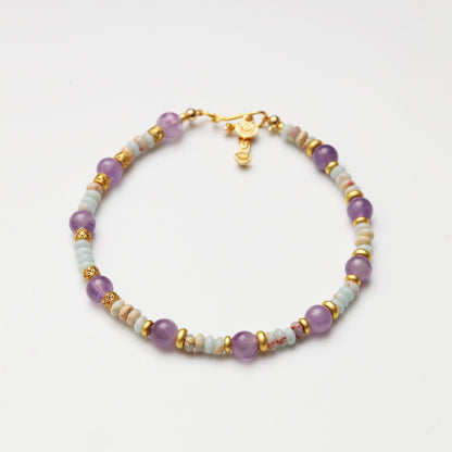 Amethyst Round Bead & Blue Snake Skin Stone Abacus Bead Bracelet
