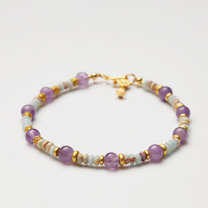 Amethyst Round Bead & Blue Snake Skin Stone Abacus Bead Bracelet
