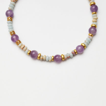 Amethyst Round Bead & Blue Snake Skin Stone Abacus Bead Bracelet
