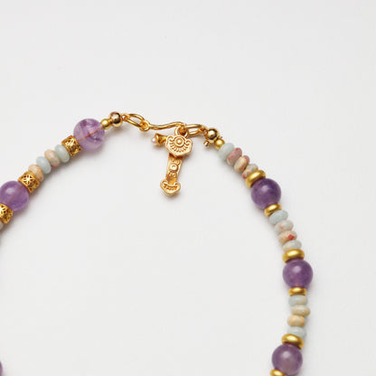 Amethyst Round Bead & Blue Snake Skin Stone Abacus Bead Bracelet