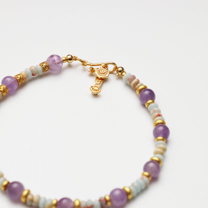 Amethyst Round Bead & Blue Snake Skin Stone Abacus Bead Bracelet