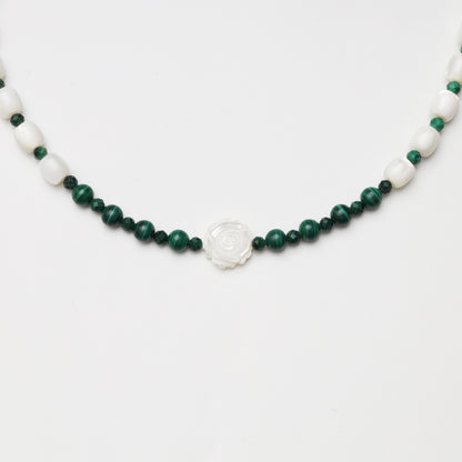 Mother-of-Pearl Barrel Bead & Malachite Double-sided Rose Necklace