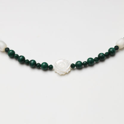 Mother-of-Pearl Barrel Bead & Malachite Double-sided Rose Necklace