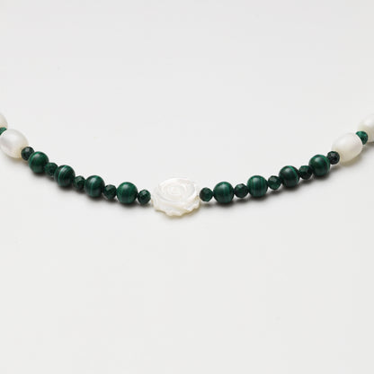 Mother-of-Pearl Barrel Bead & Malachite Double-sided Rose Necklace