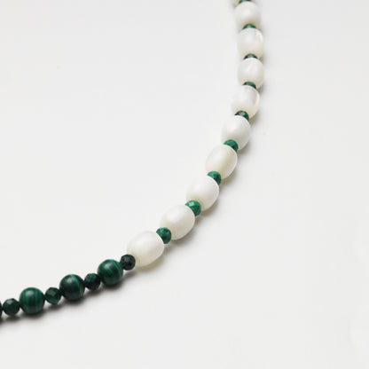 Mother-of-Pearl Barrel Bead & Malachite Double-sided Rose Necklace