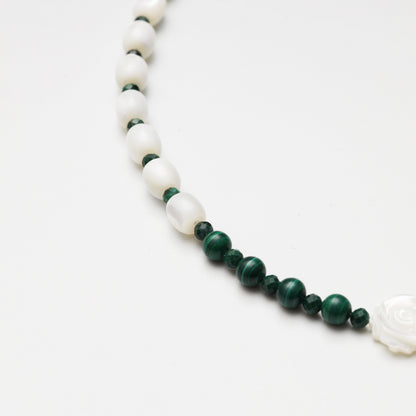 Mother-of-Pearl Barrel Bead & Malachite Double-sided Rose Necklace