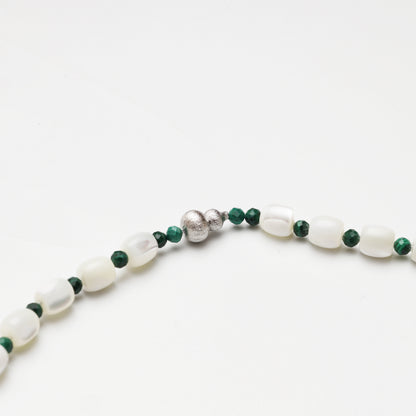 Mother-of-Pearl Barrel Bead & Malachite Double-sided Rose Necklace