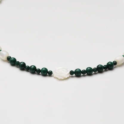 Mother-of-Pearl Barrel Bead & Malachite Double-sided Rose Necklace