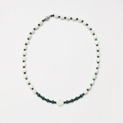 Mother-of-Pearl Barrel Bead & Malachite Double-sided Rose Necklace