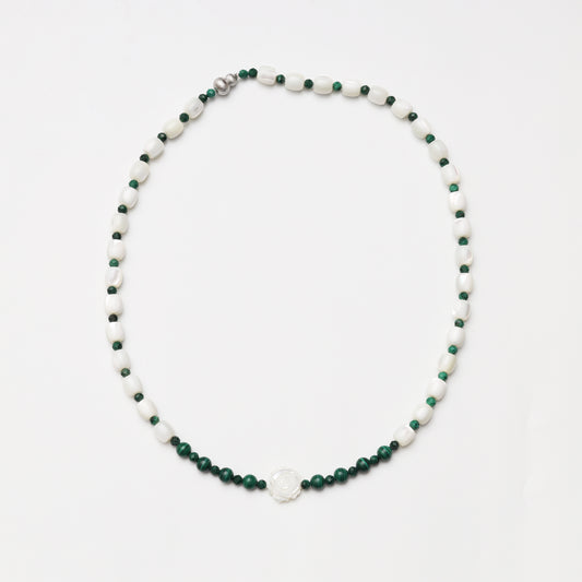 Mother-of-Pearl Barrel Bead & Malachite Double-sided Rose Necklace