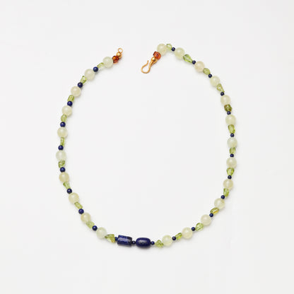 Prehnite Round Bead, Peridot Freeform & Lapis Lazuli Necklace